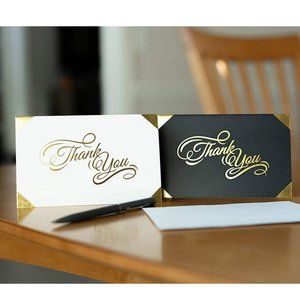 100 Thank You Cards Black, white with gold foil & gold foil sticker seals